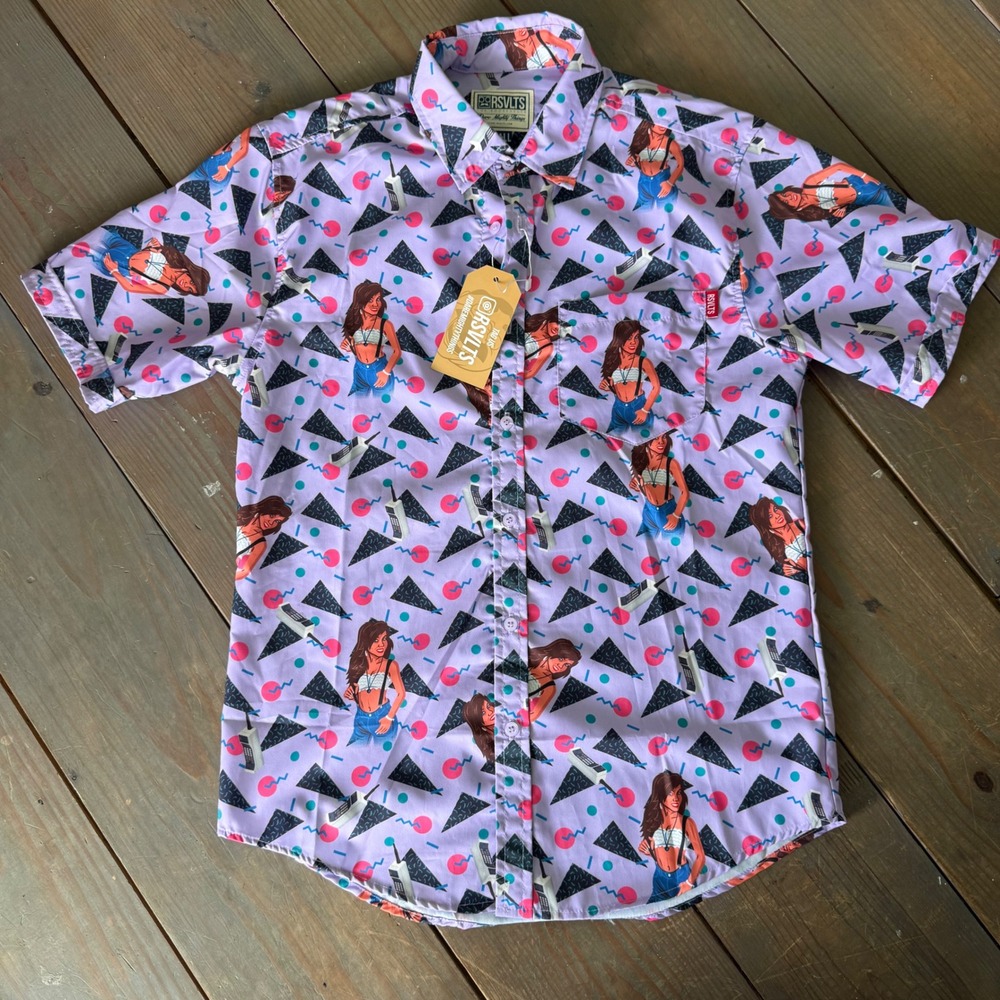 RSVLTS The Roosevelts Kapowski 80s Retro Purple Kunuflex Shirt Mens Small NWT